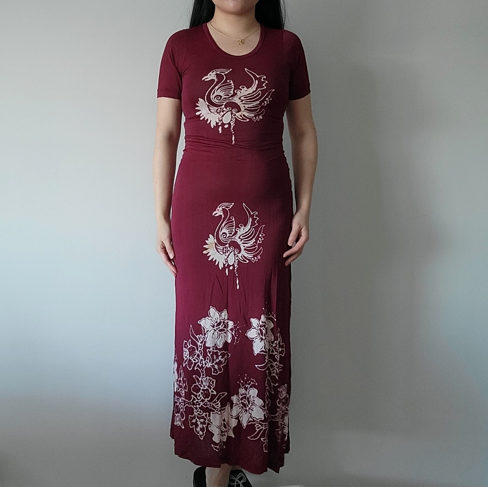 Vintage fitted knit maxi t-shirt dress bird phoenix print size XS Small maroon